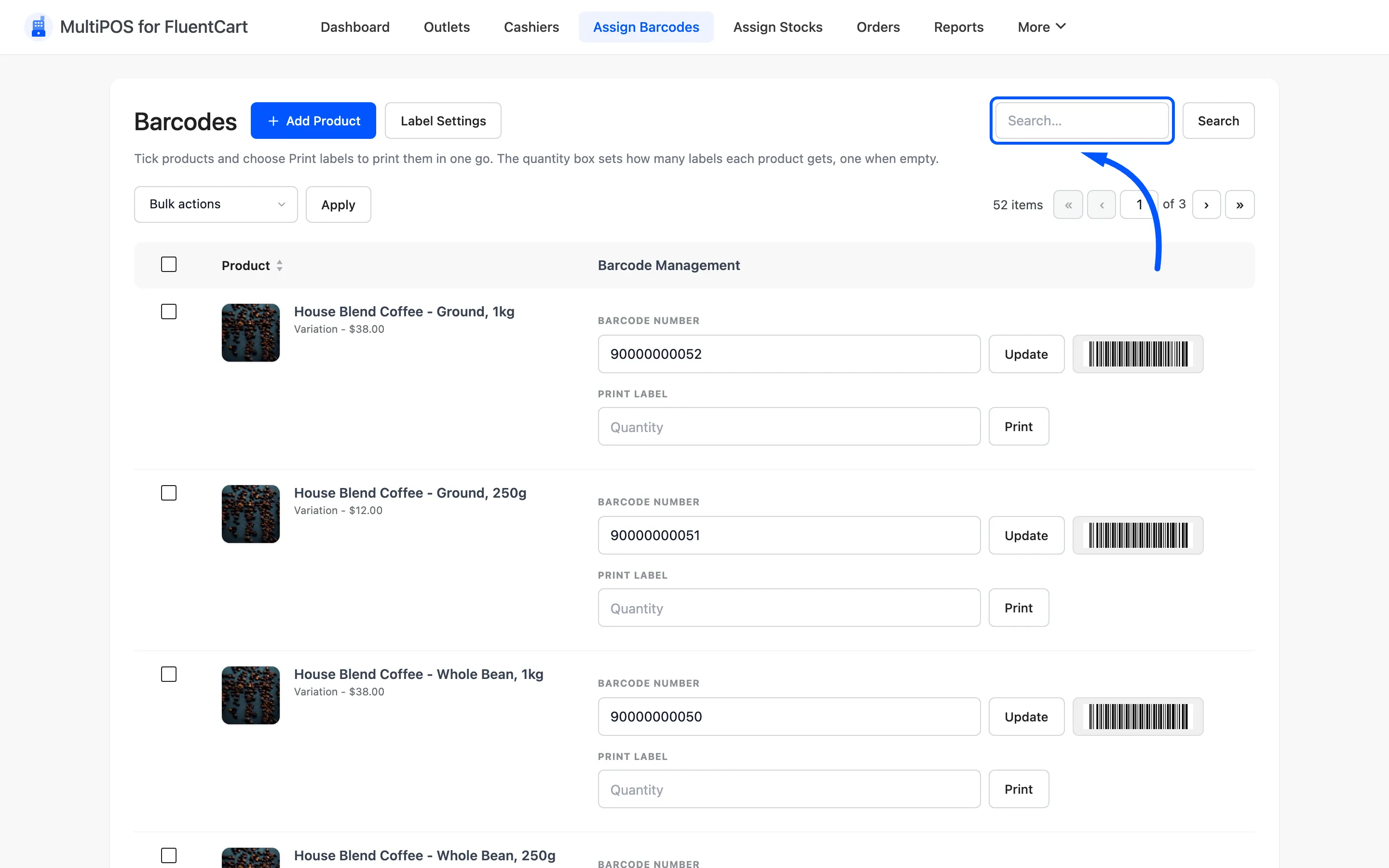 The product search box on the Assign Barcodes screen