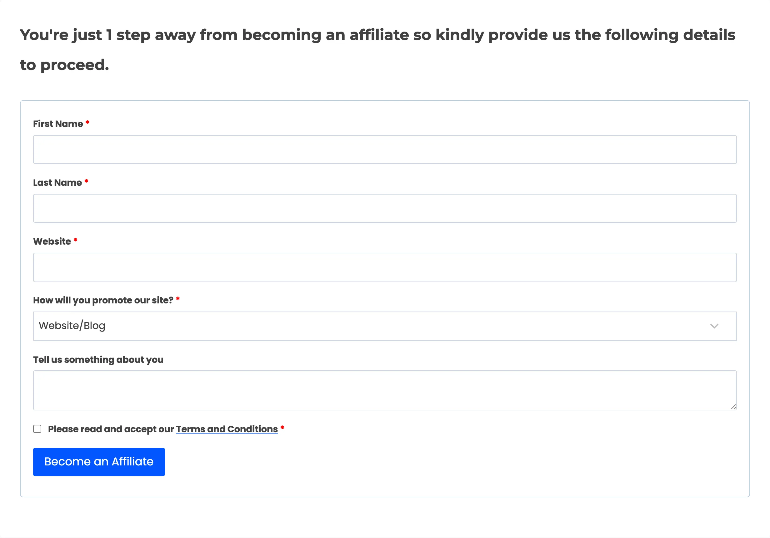 The Become an Affiliate form shown to a logged-in customer who is not yet an affiliate