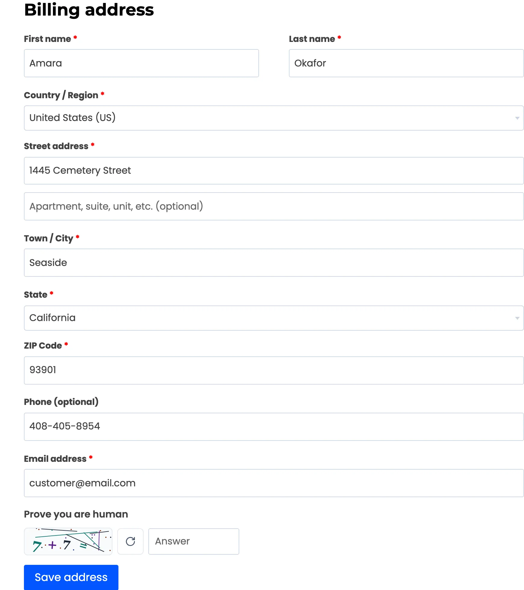 The billing address form with the CAPTCHA above Save address