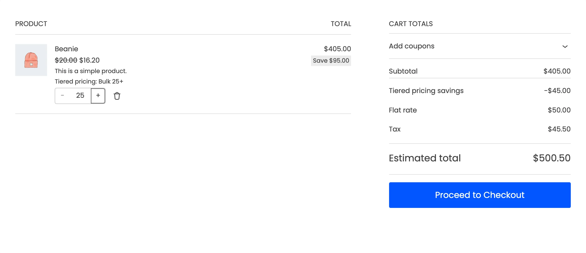 The block cart after the quantity changes to 25, with the new tier price and savings row