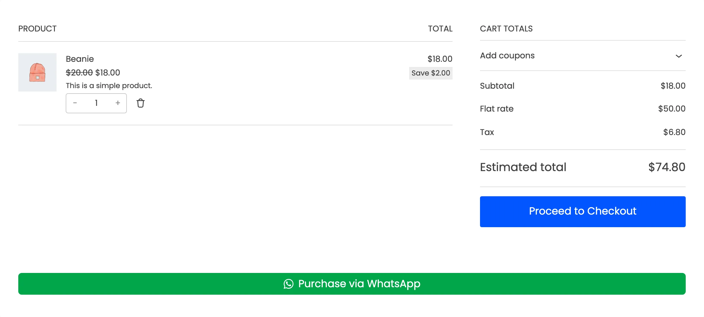 The Cart block with the WhatsApp button below it