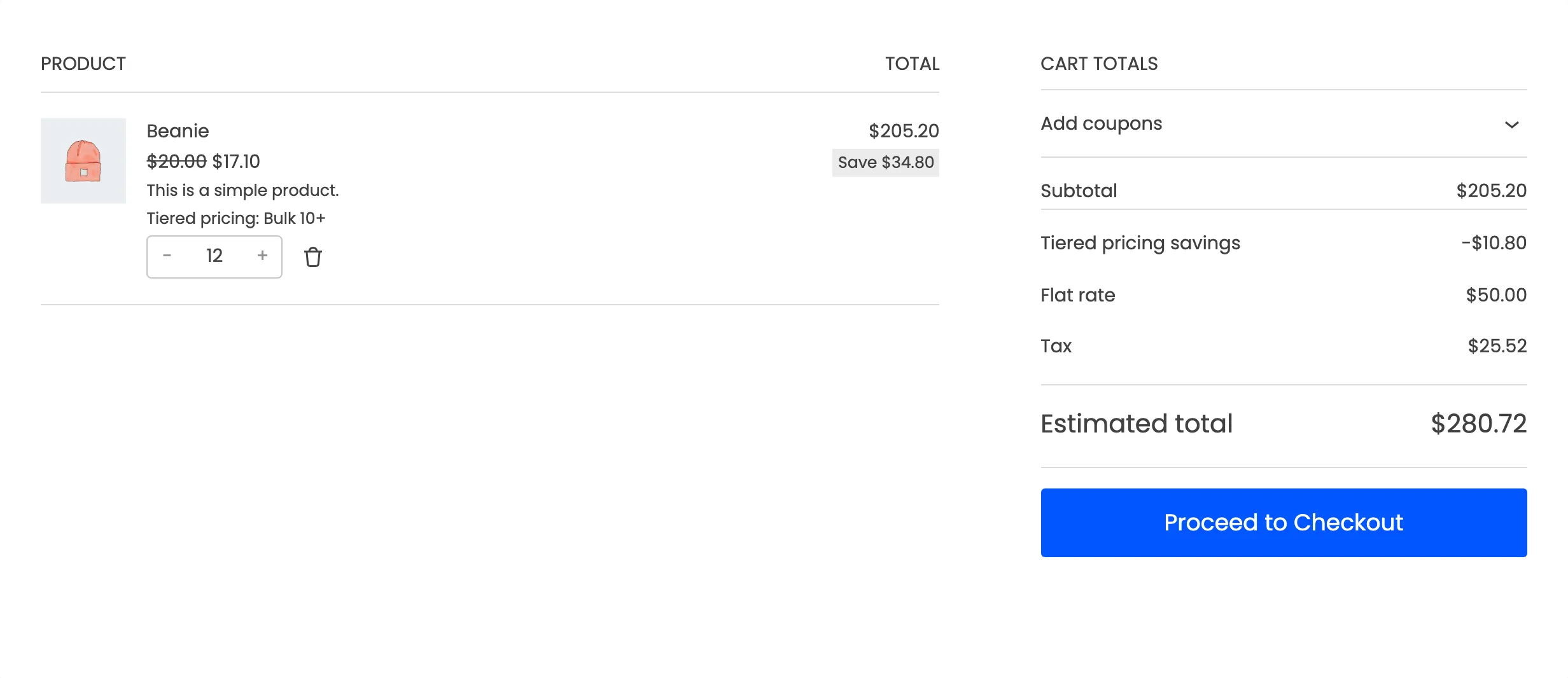 The block cart with the tier price, the rule name and the Tiered pricing savings row