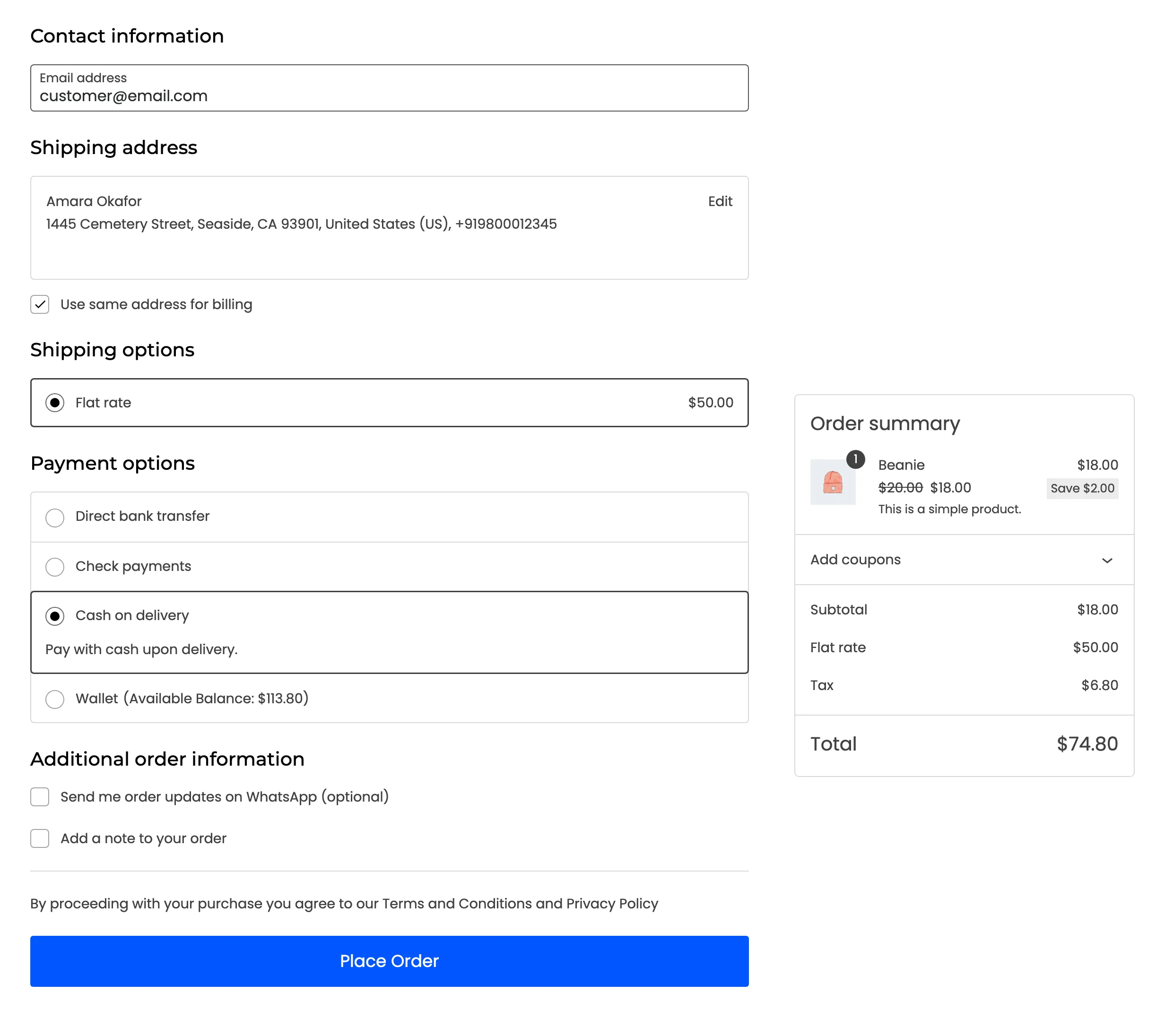 The Checkout block with the WhatsApp consent box under Additional order information