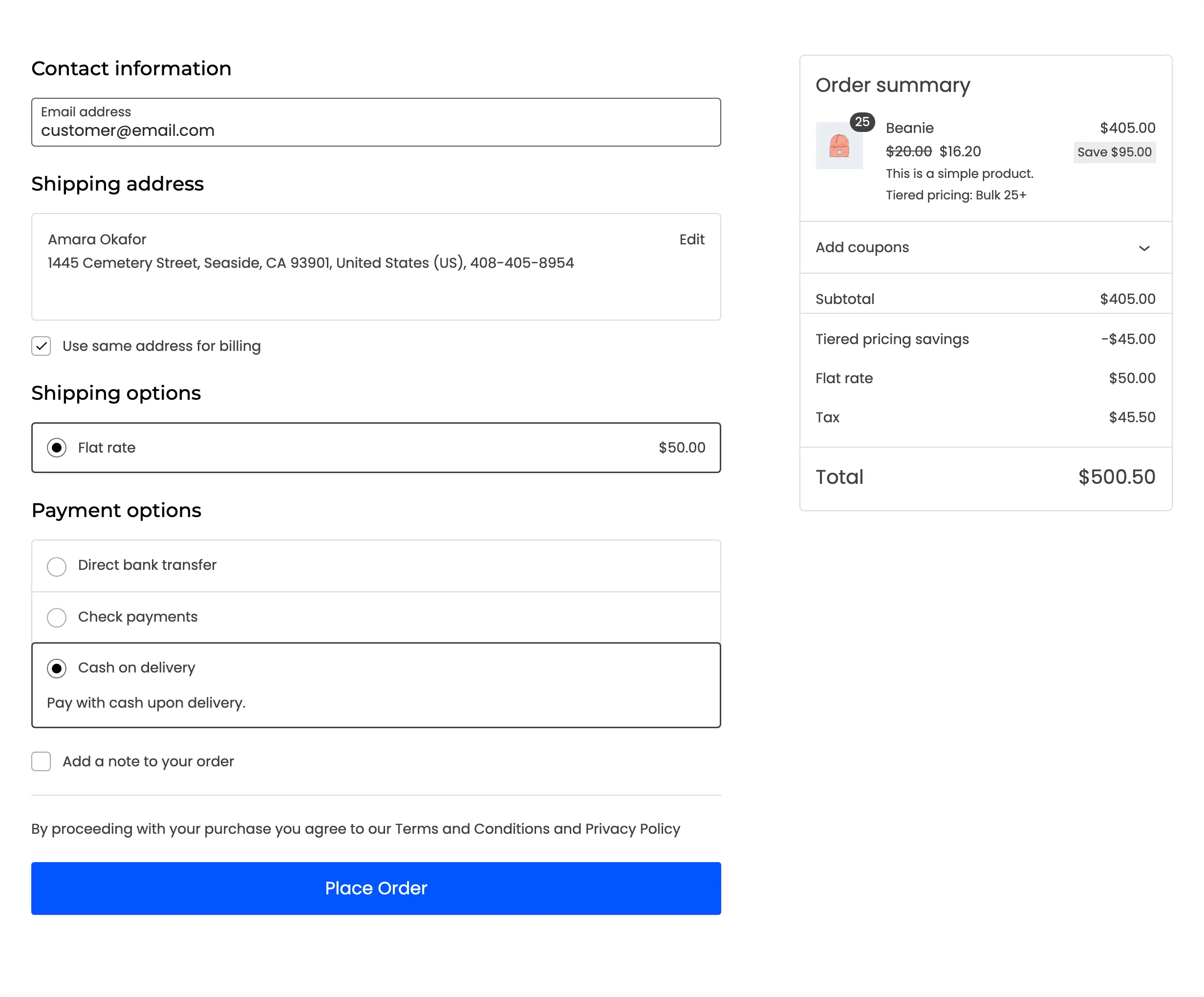 The block checkout order summary with the tier price and the savings row