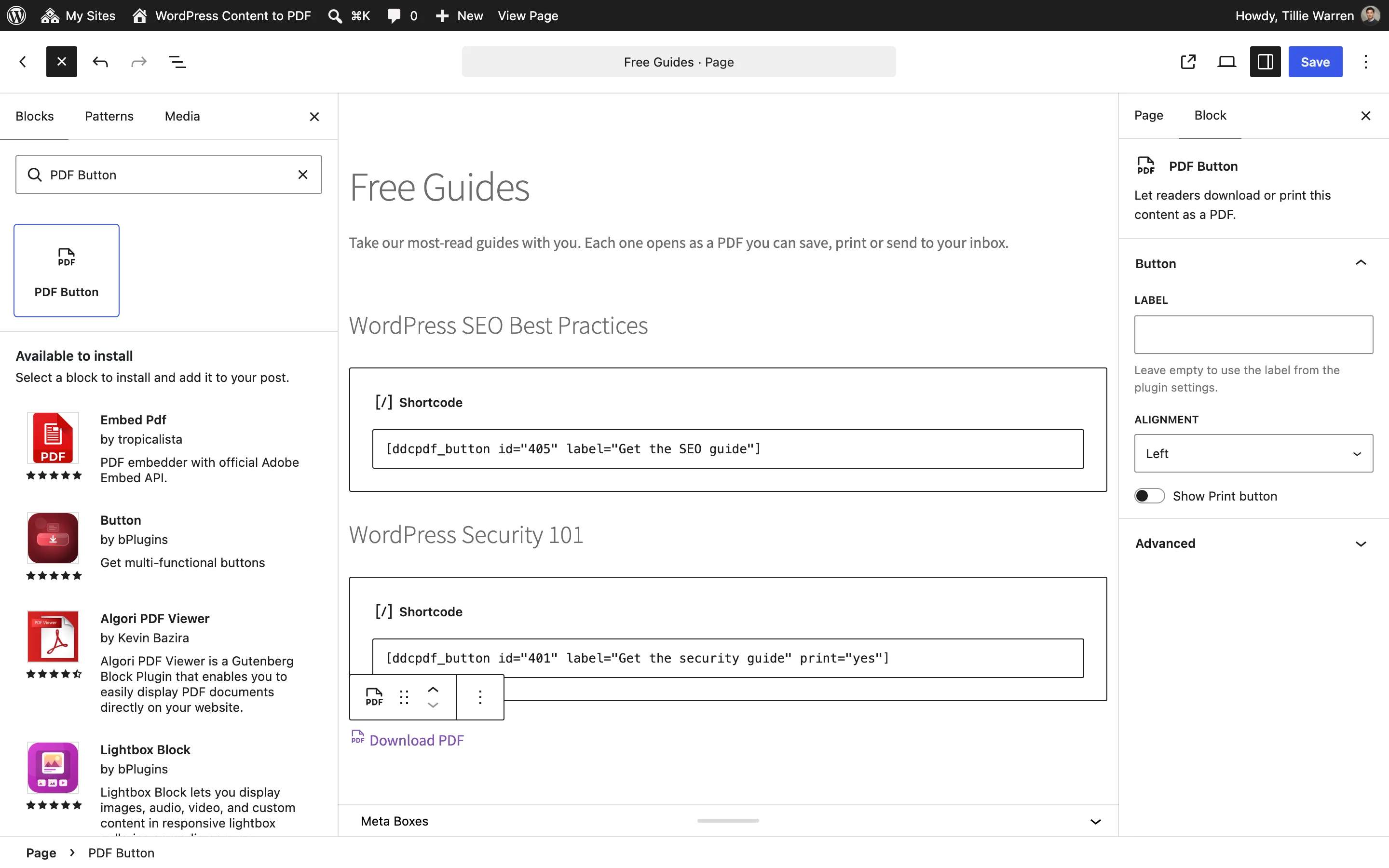 The PDF Button block added, with its settings in the sidebar