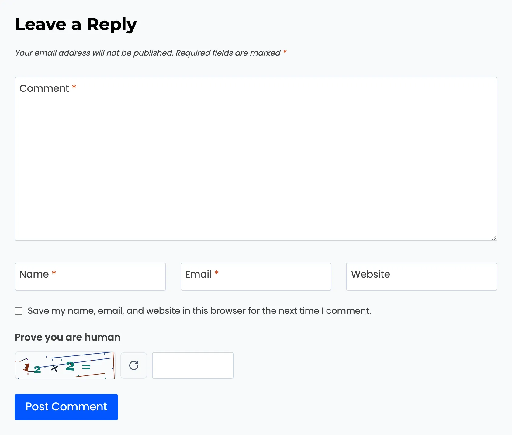 A blog comment form with the CAPTCHA above Post Comment