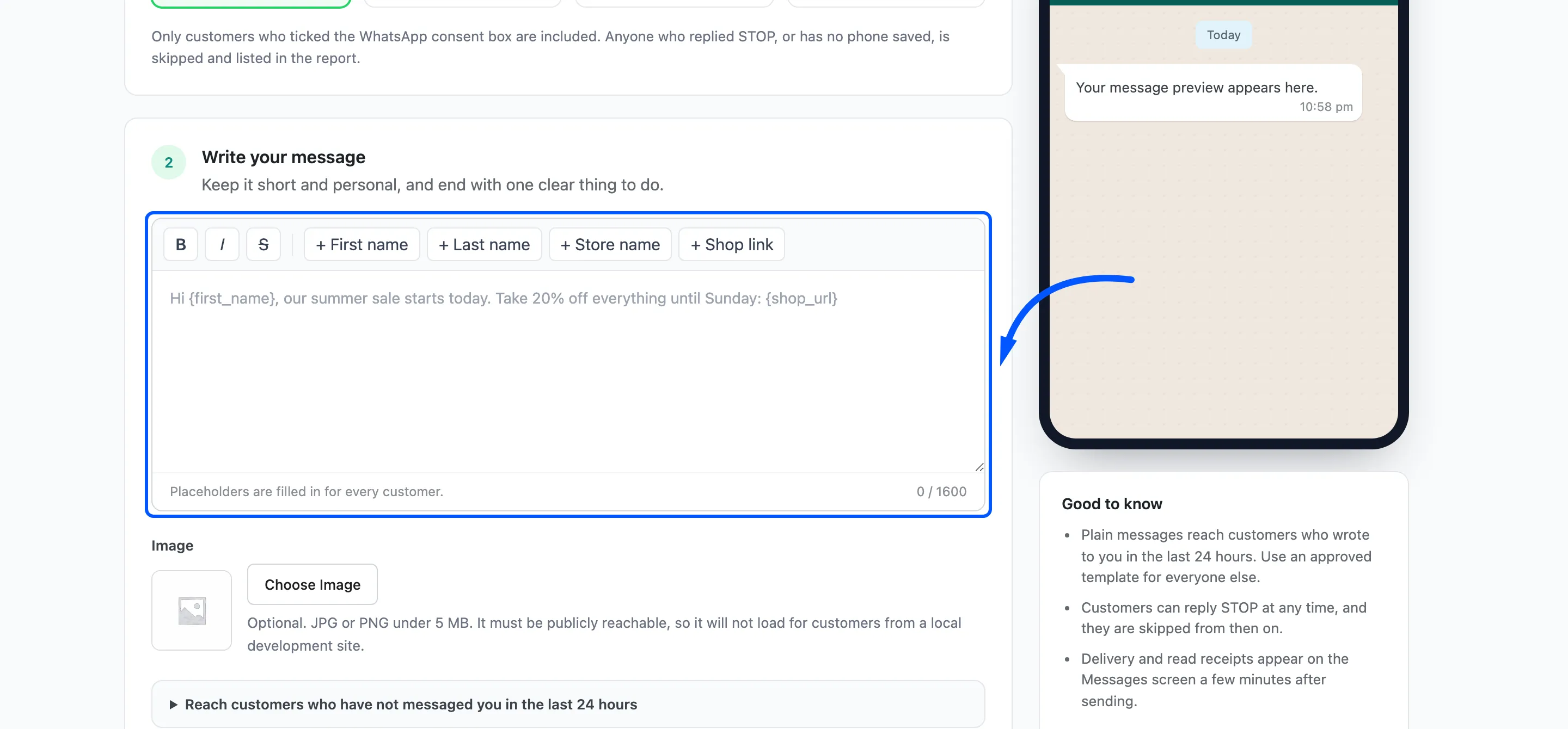 The message composer with its formatting and placeholder buttons