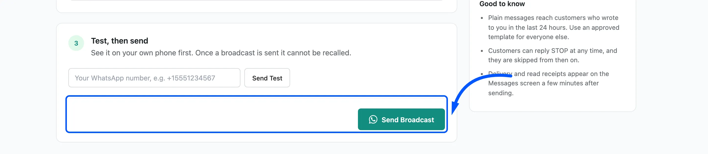 The Send Test and Send Broadcast buttons