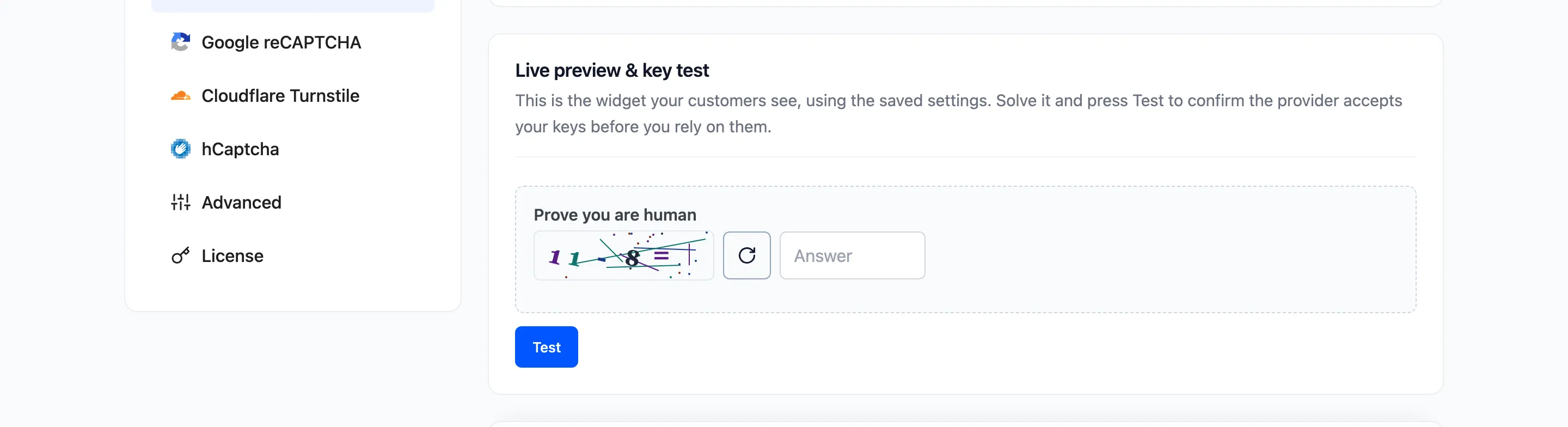 The live preview with the Test button