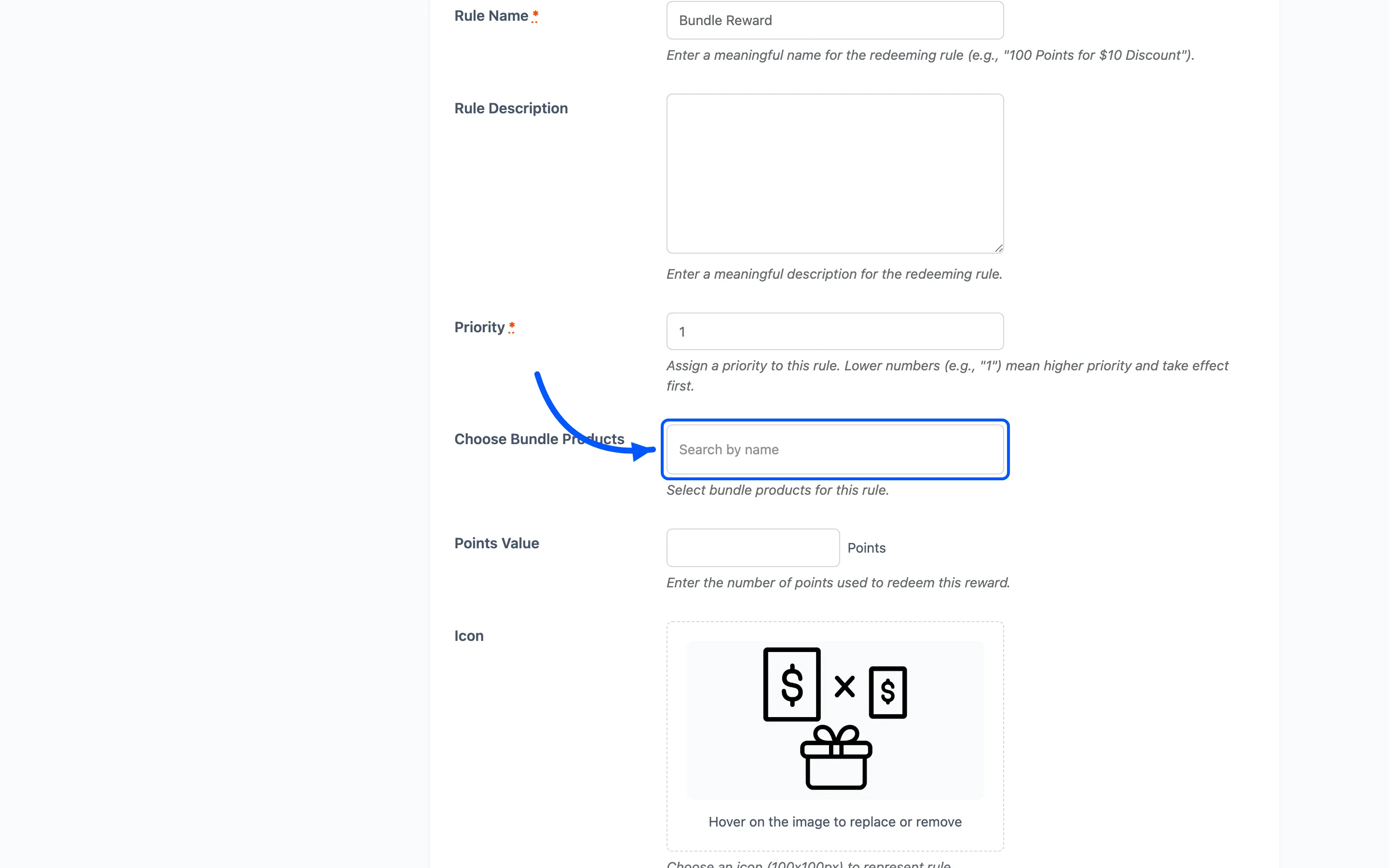 The Bundle Reward rule with the Bundle Products field marked