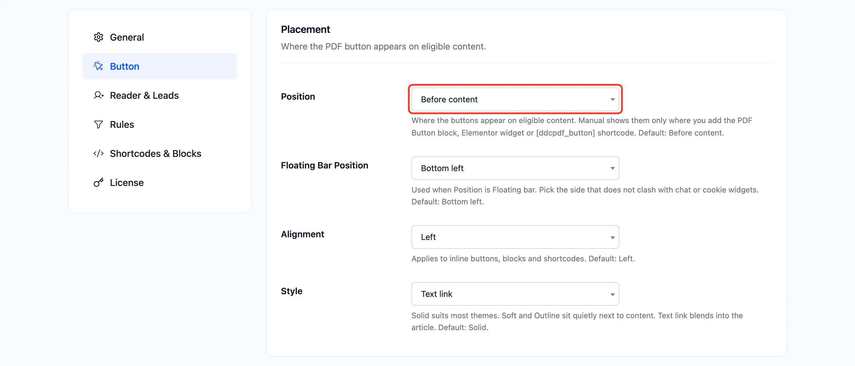 The Position field on the Button tab