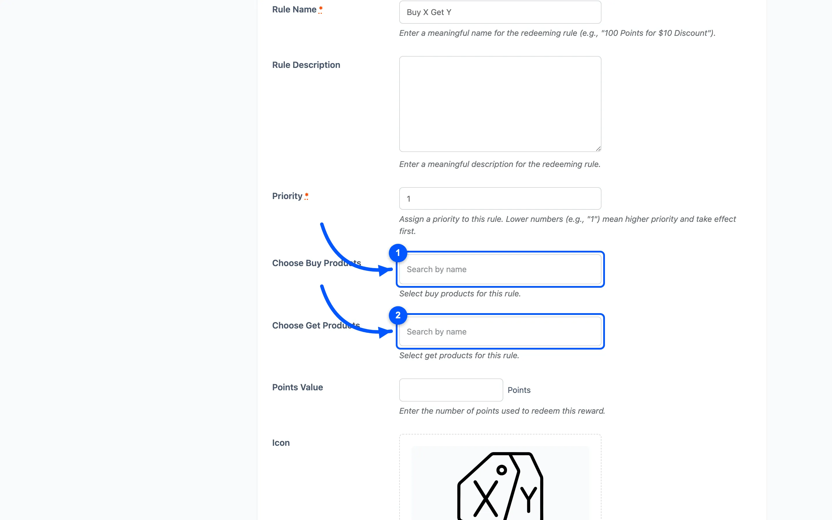 The Buy X Get Y rule with the Buy Products and Get Products fields marked
