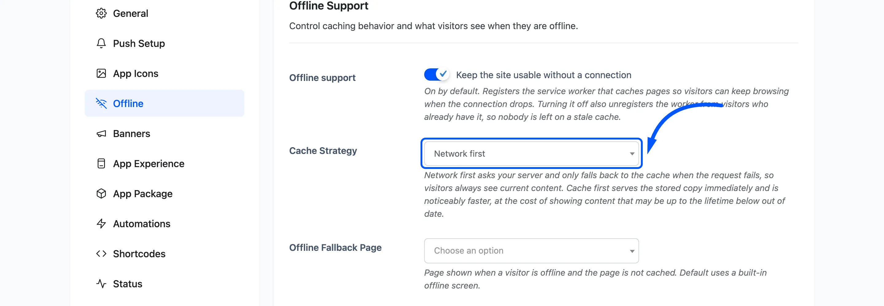 The Cache Strategy field