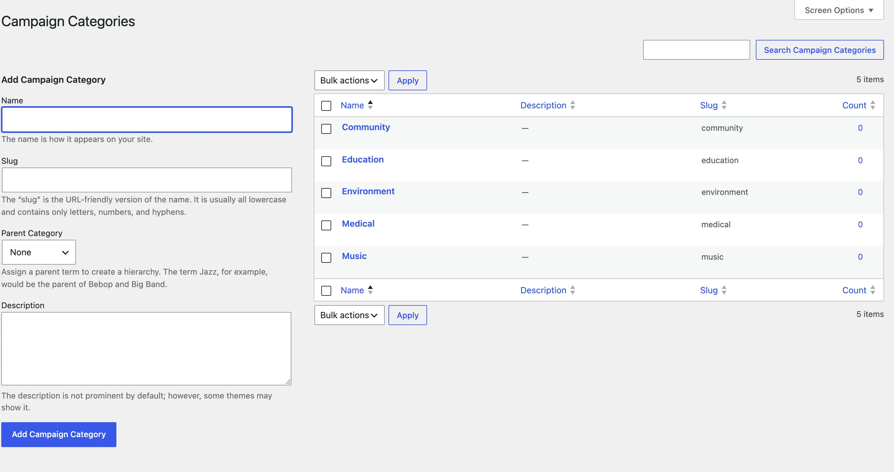 The Campaign Categories screen with five categories