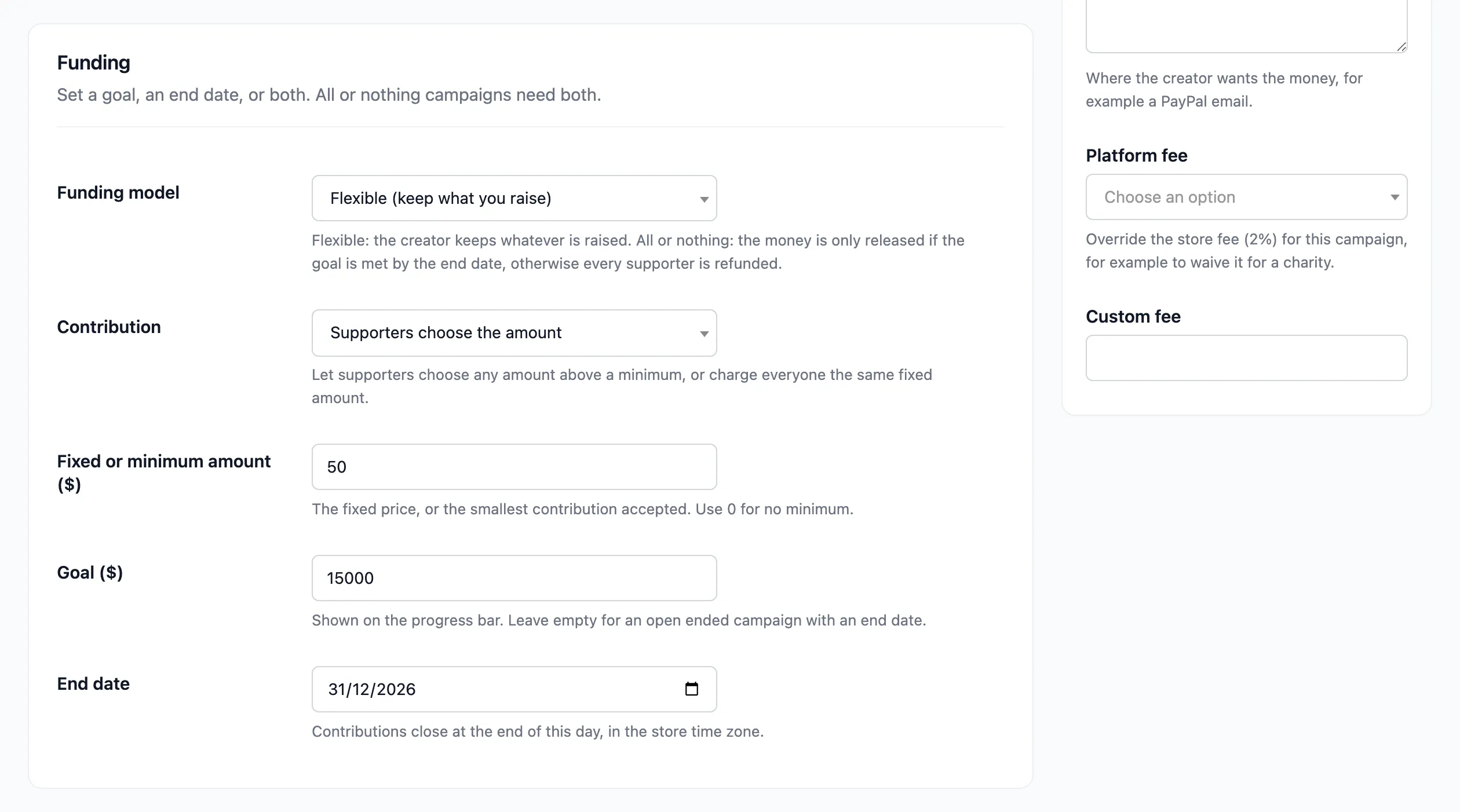 The Funding section