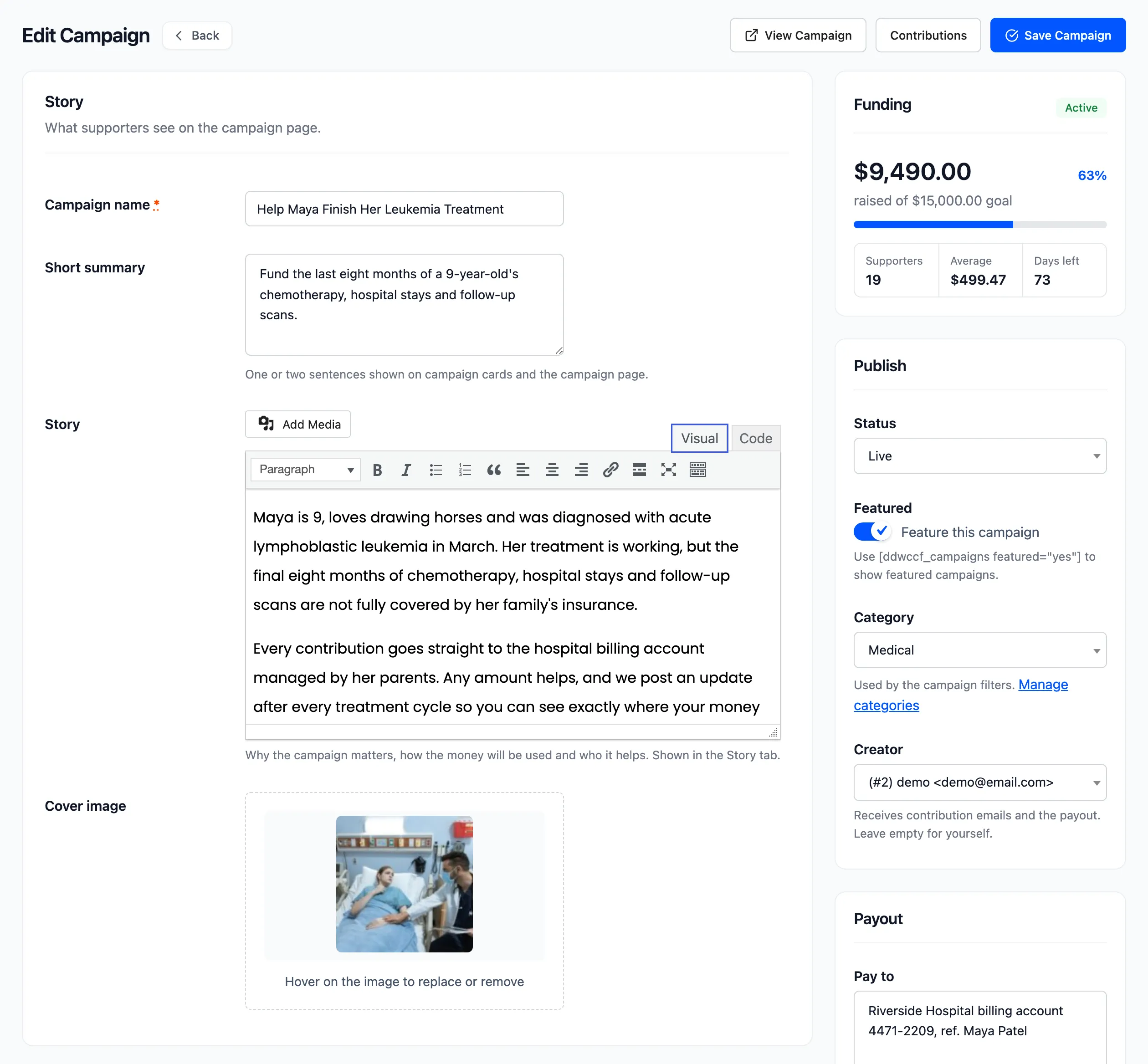 The Edit Campaign screen: Story with the Funding, Publish and Payout boxes beside it