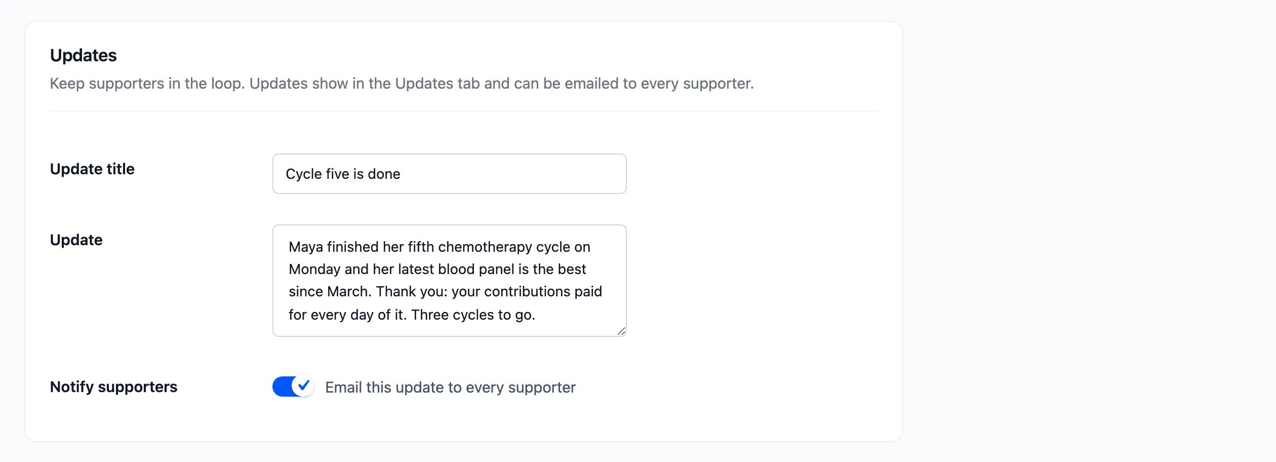 The Updates section with a new update ready to post