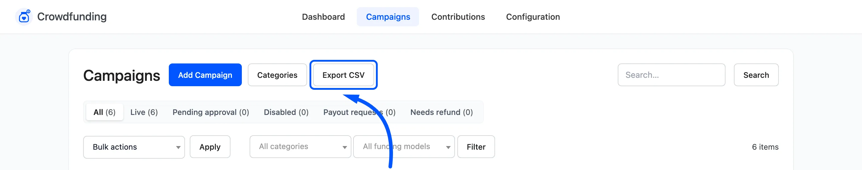 The Export CSV button