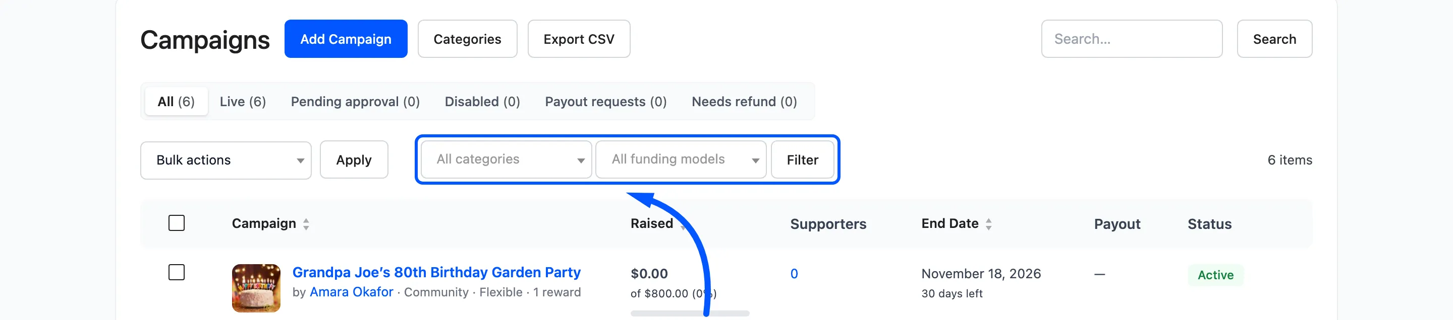 The category and funding model filters
