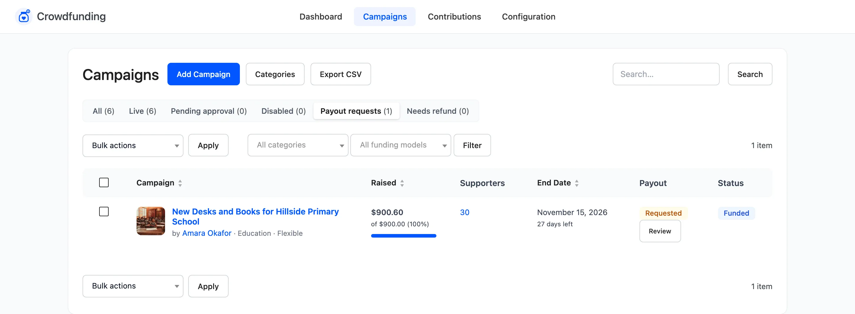 The Payout requests view with one request