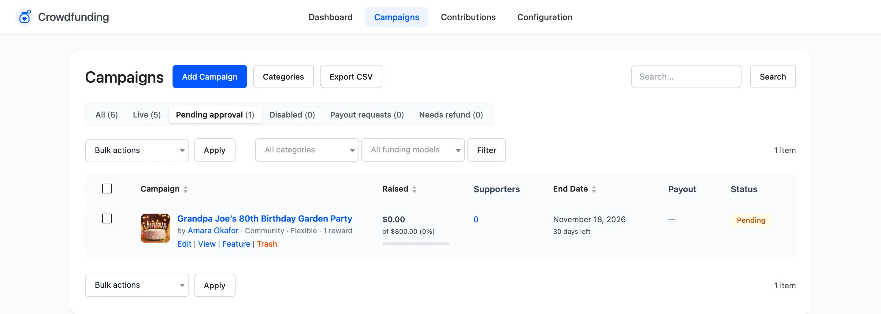 The Pending approval view with the row actions showing