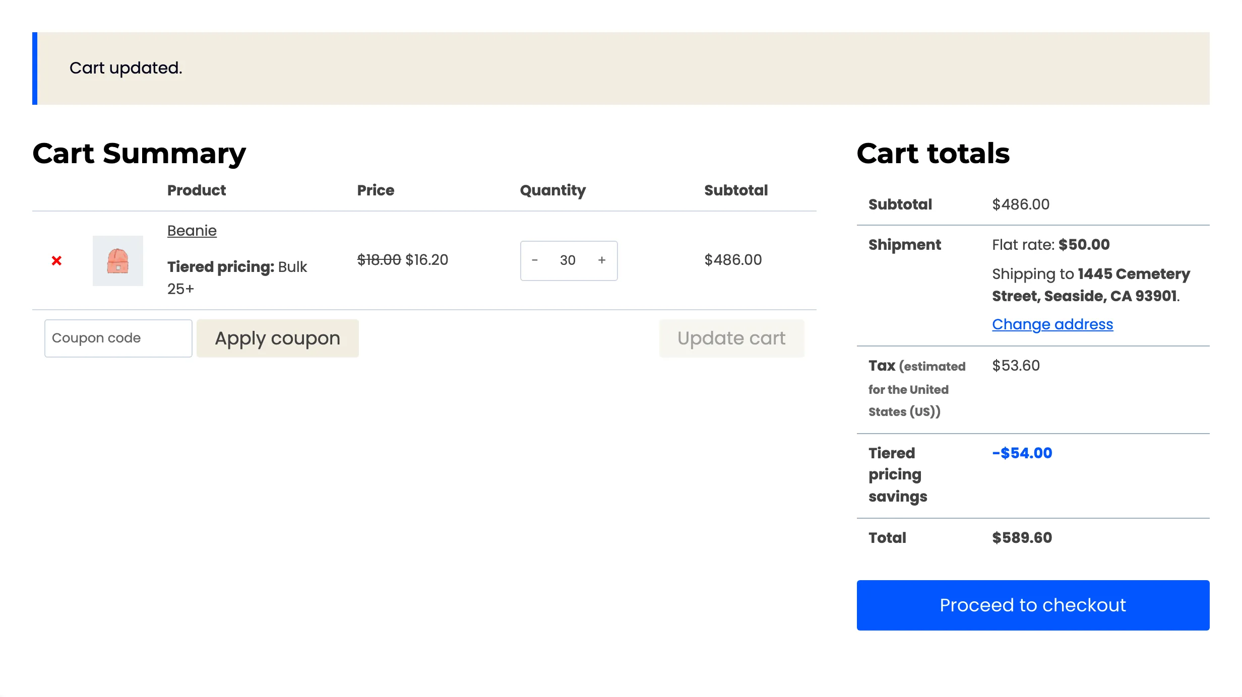 The cart after the quantity was changed to 30, now on the Bulk 25+ tier