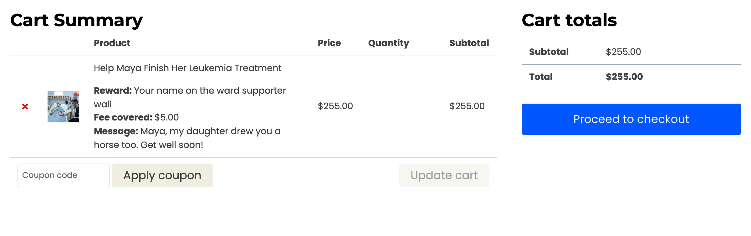 The cart with a contribution, its reward, the covered fee and the message