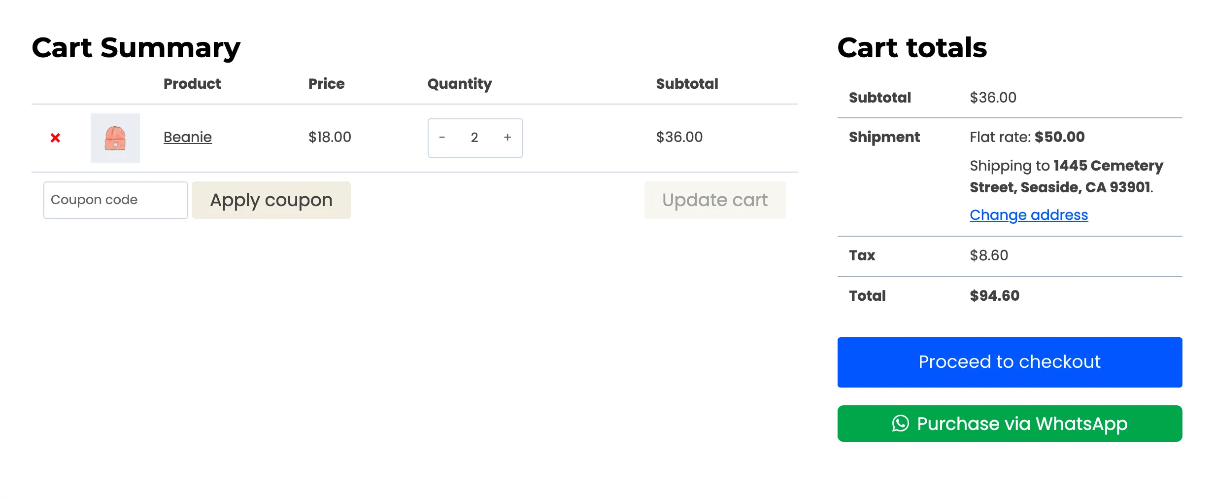 The cart page with the WhatsApp button under Proceed to checkout