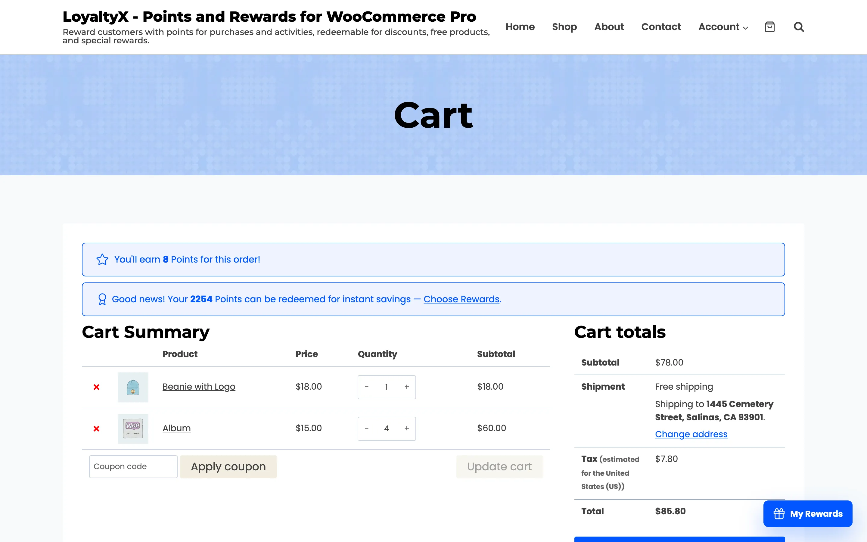 The cart with free shipping applied and a points-redemption prompt