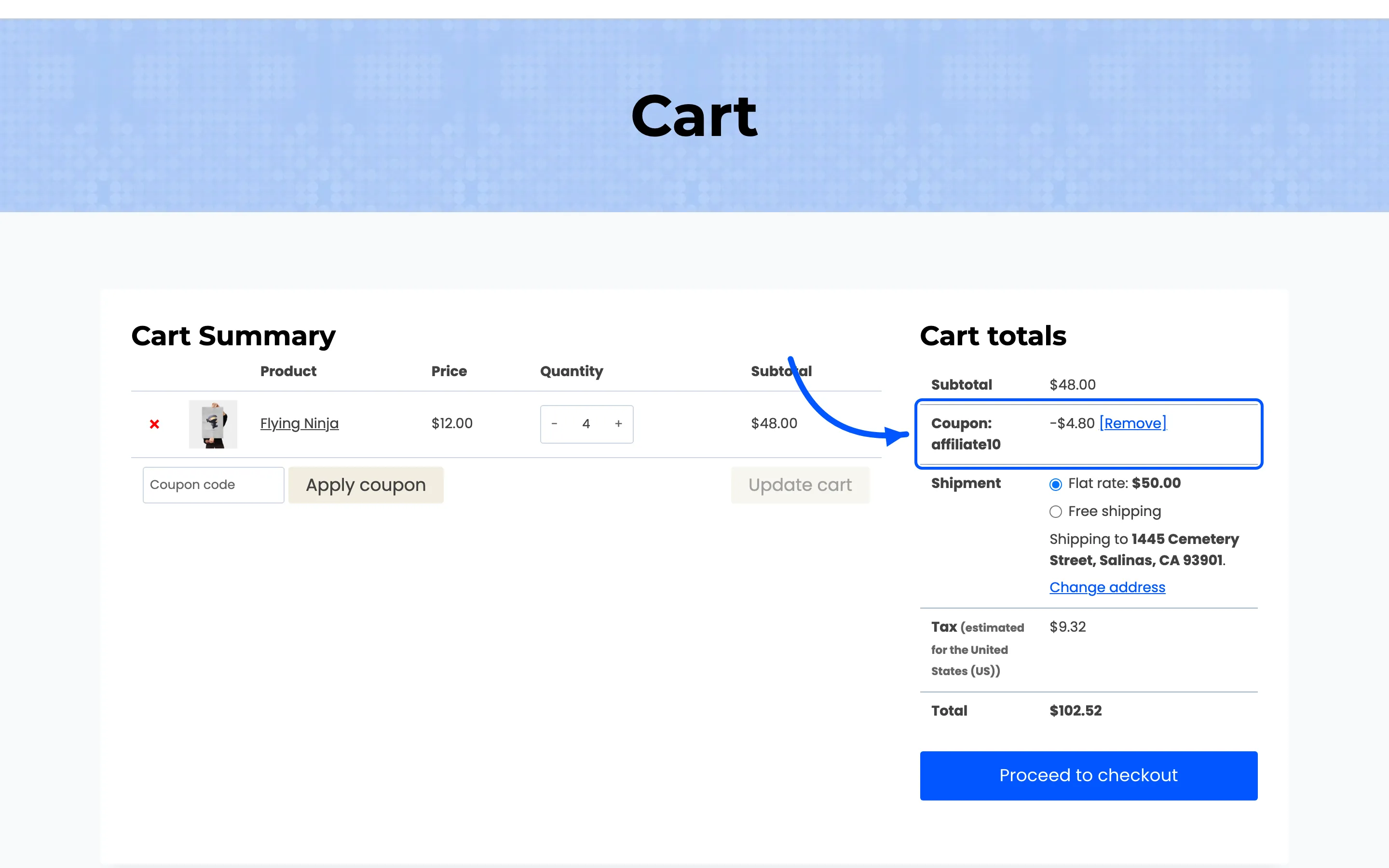 The coupon discount line in the cart totals