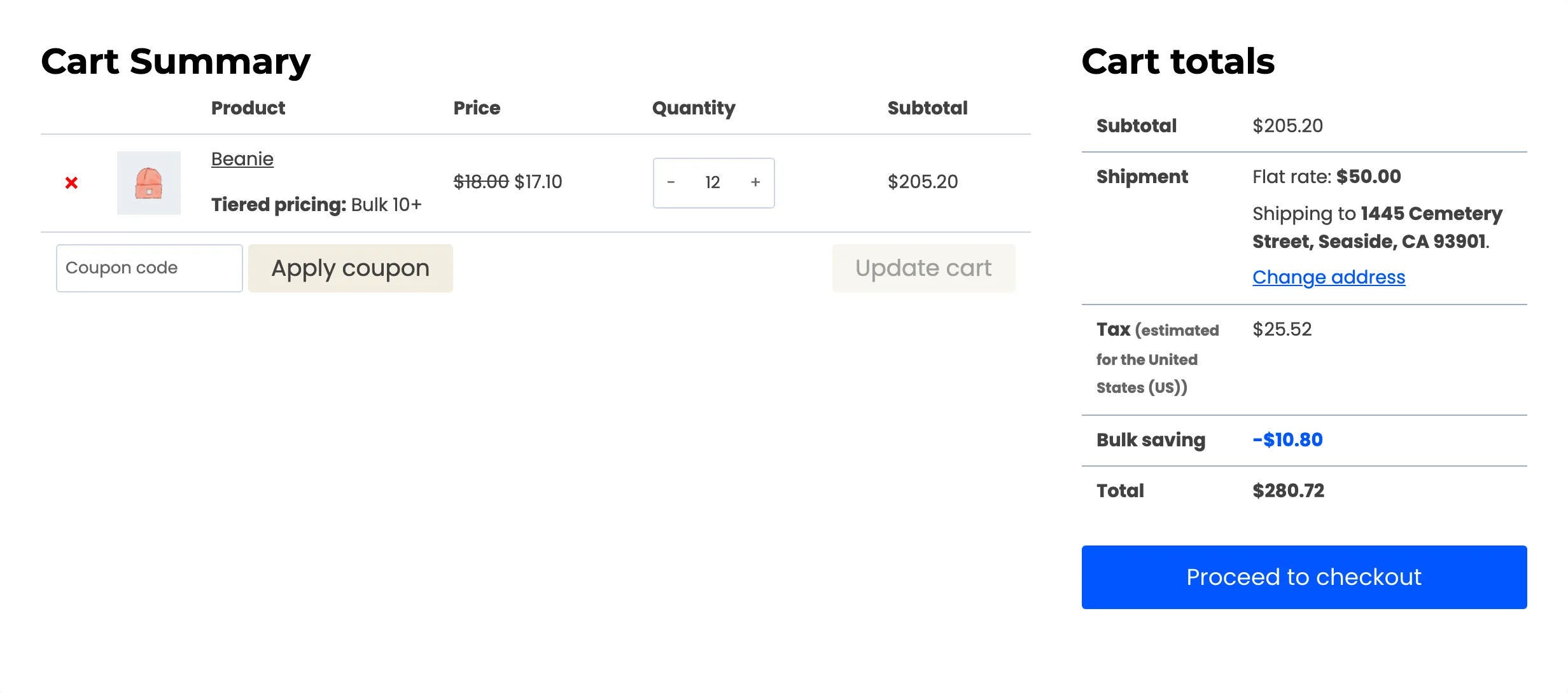 The cart totals with the row renamed to Bulk saving