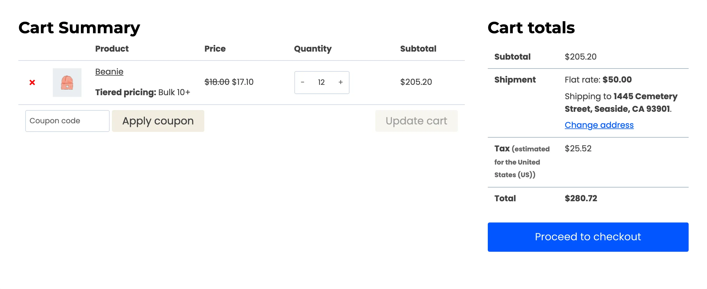 The cart totals without the savings row