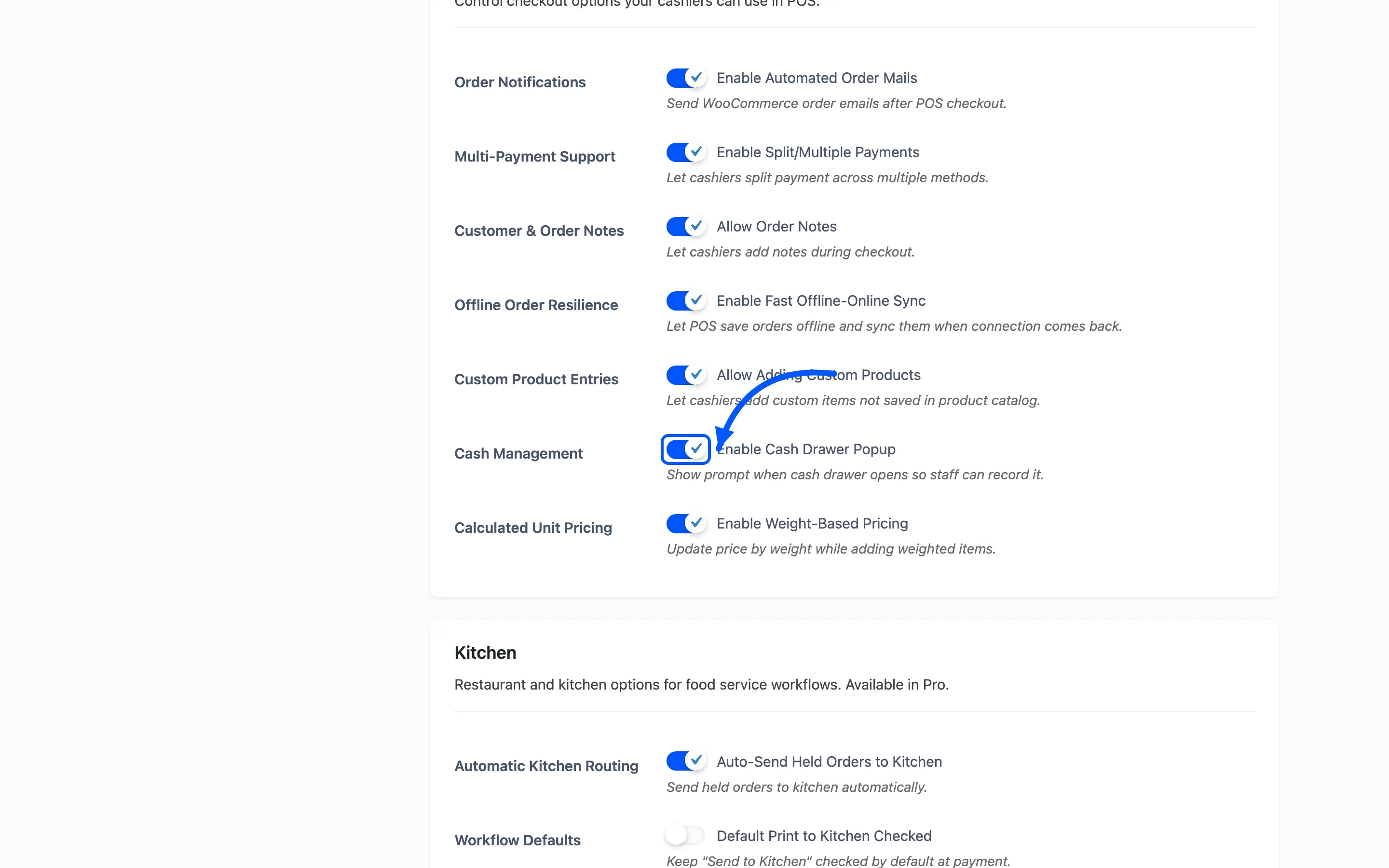 The Enable Cash Drawer Popup checkbox on the General tab
