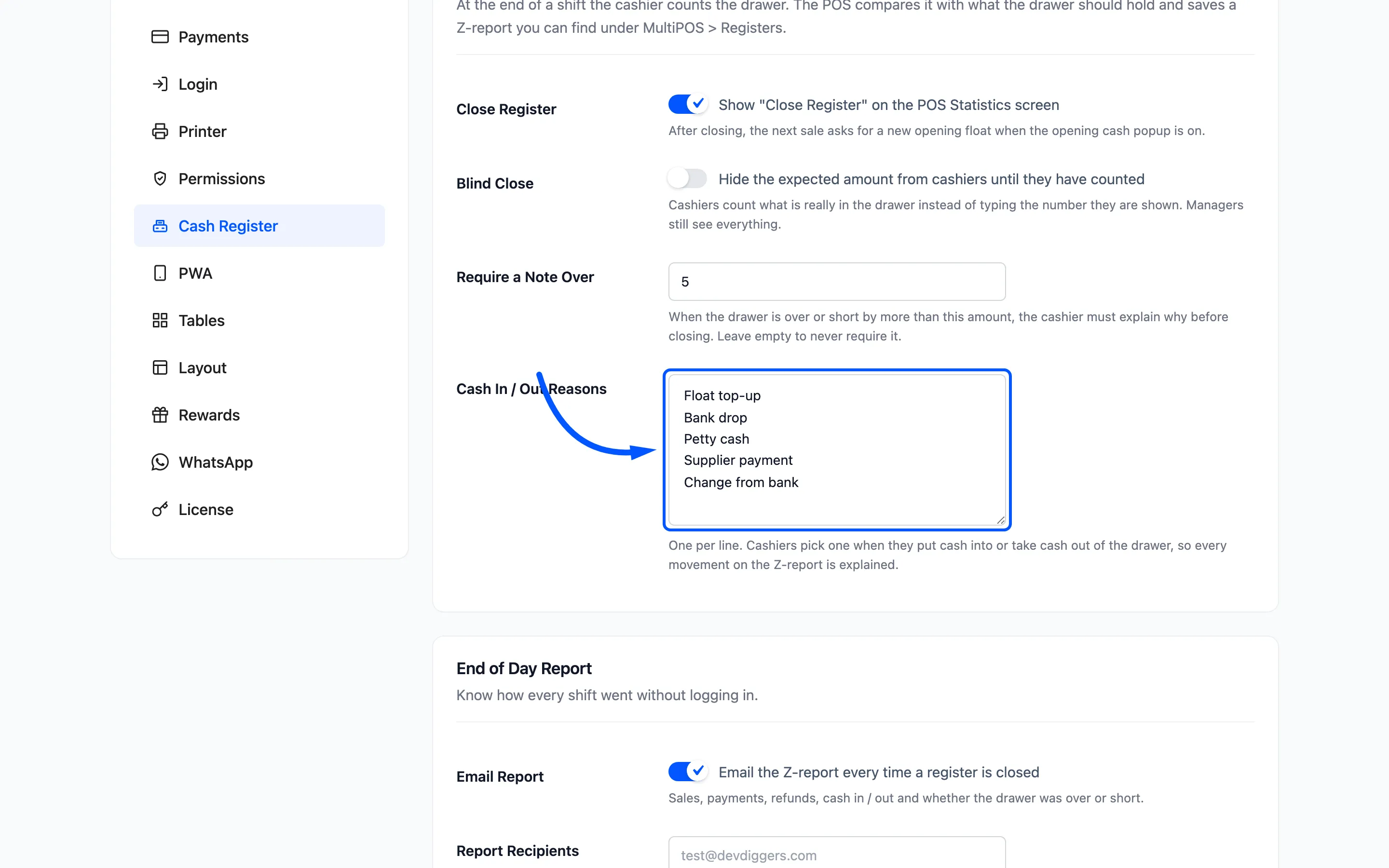 The Cash In / Out Reasons field boxed, with five reasons, one per line