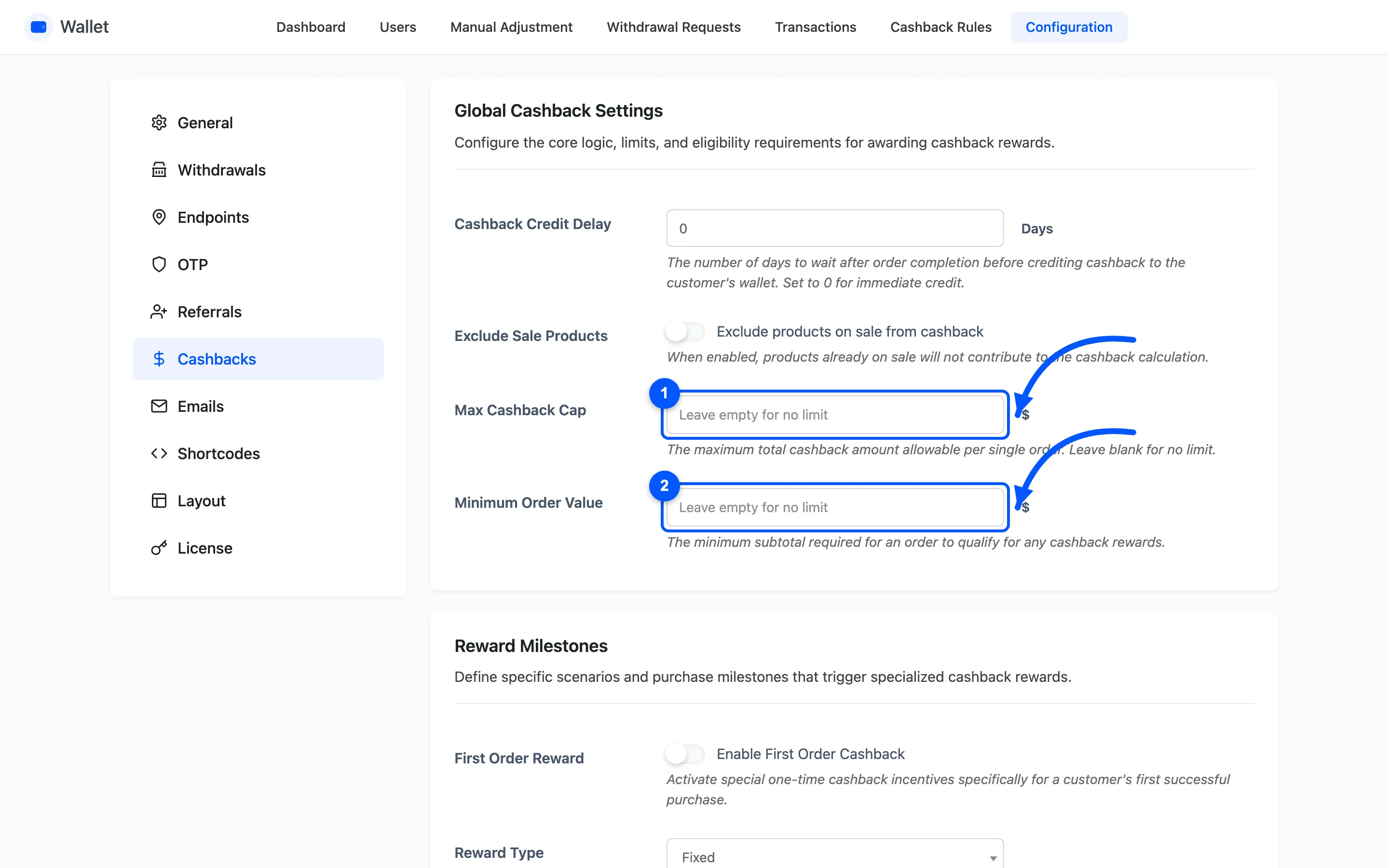 The Max Cashback Cap and Minimum Order Value fields