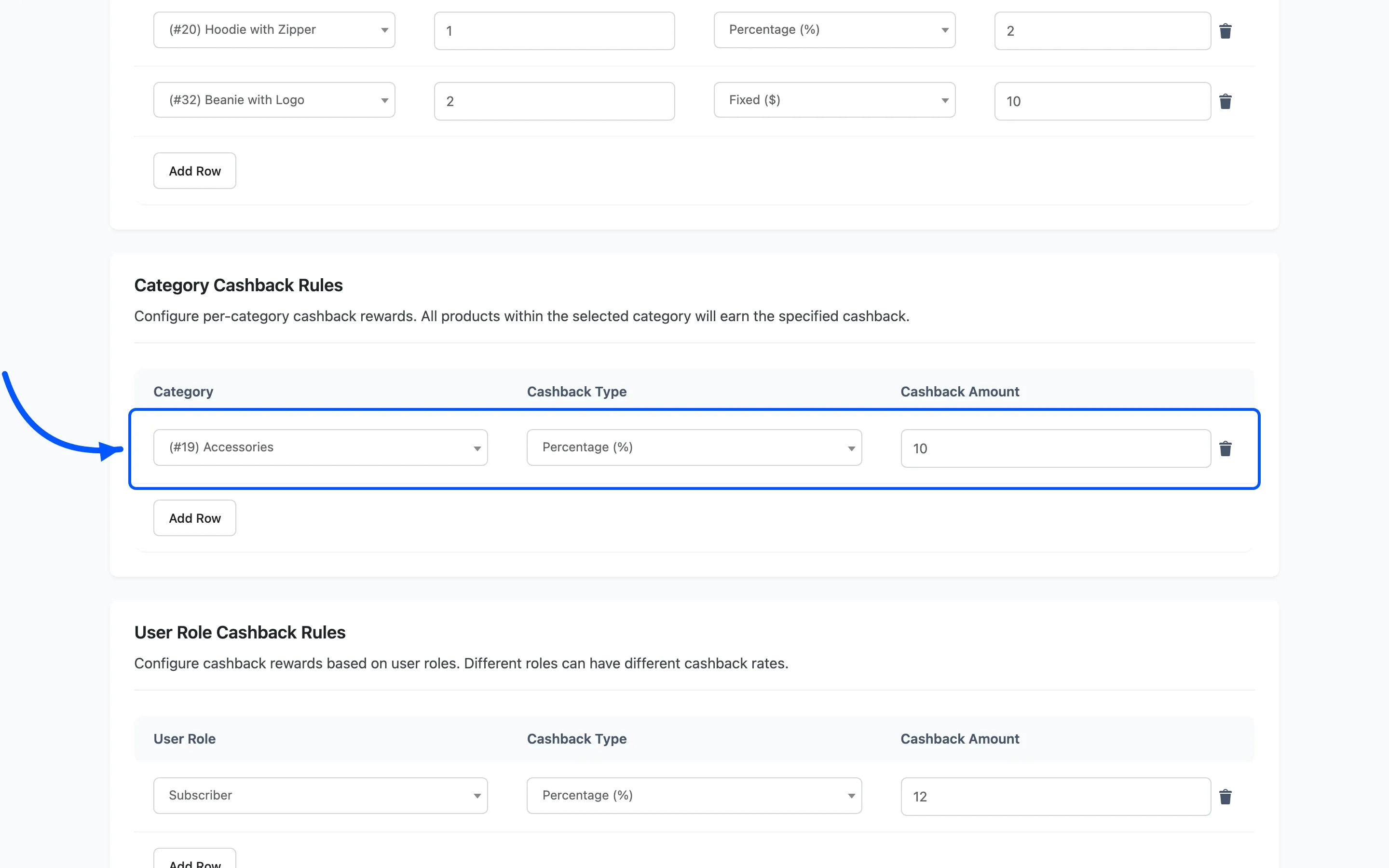 A category cashback rule row with its category, type and amount