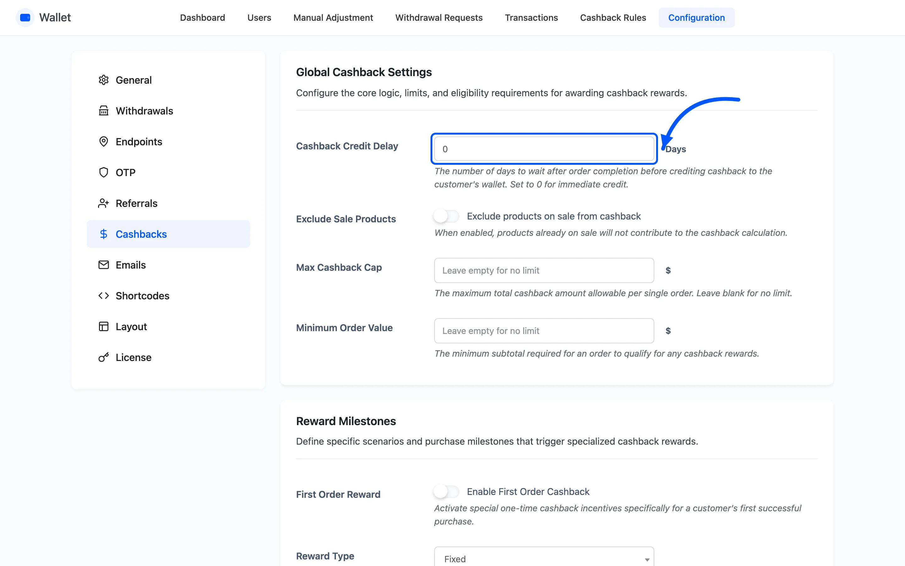 The Cashback Credit Delay field on the cashbacks tab