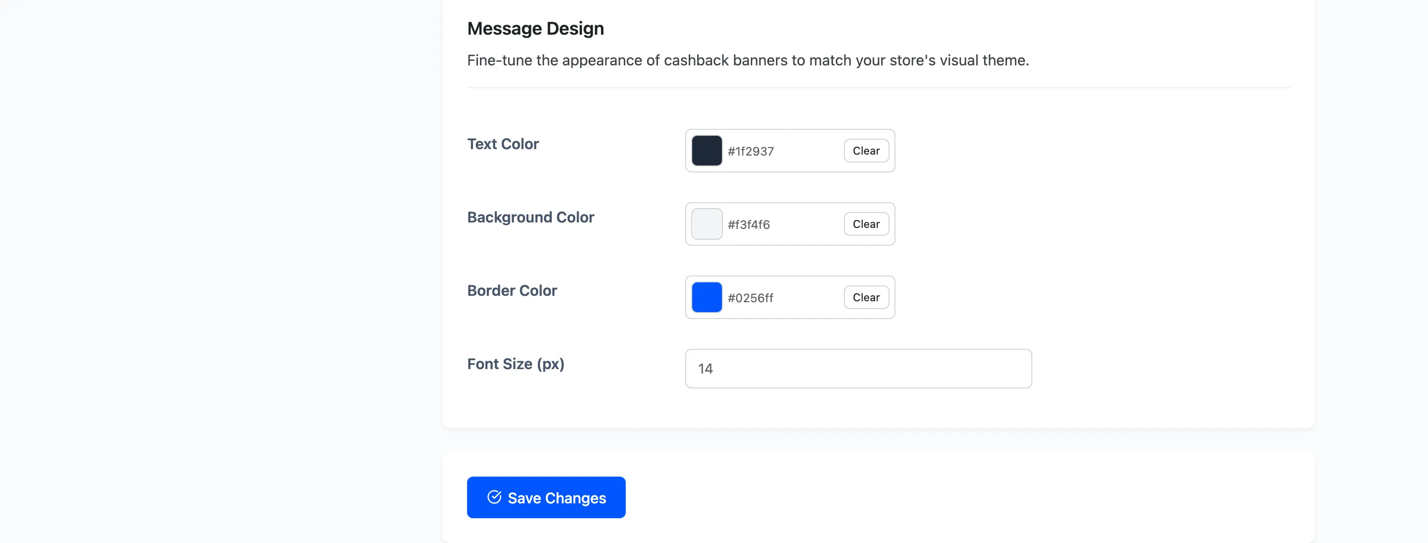 The message design colour and size fields