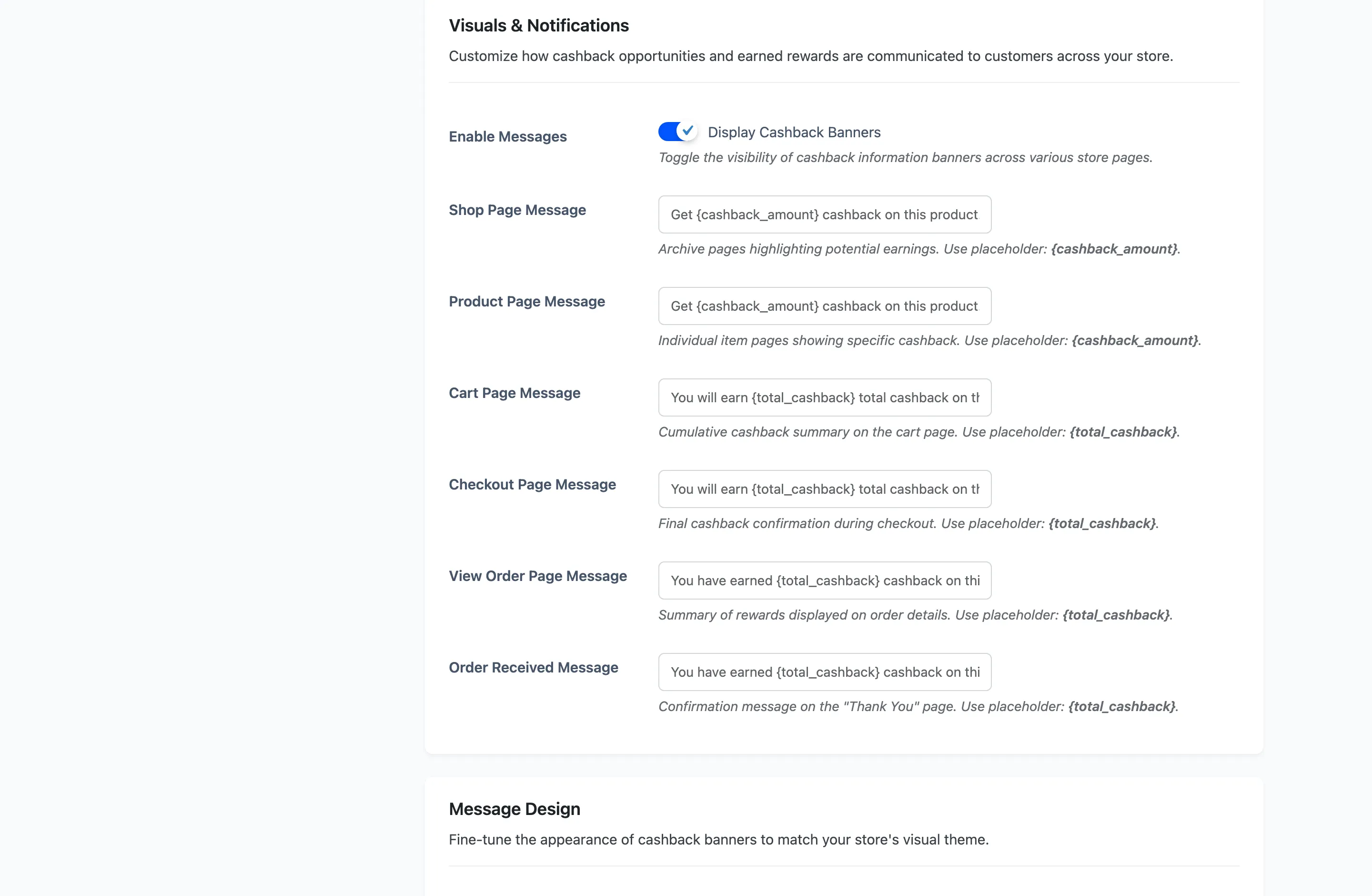 The cashback message fields