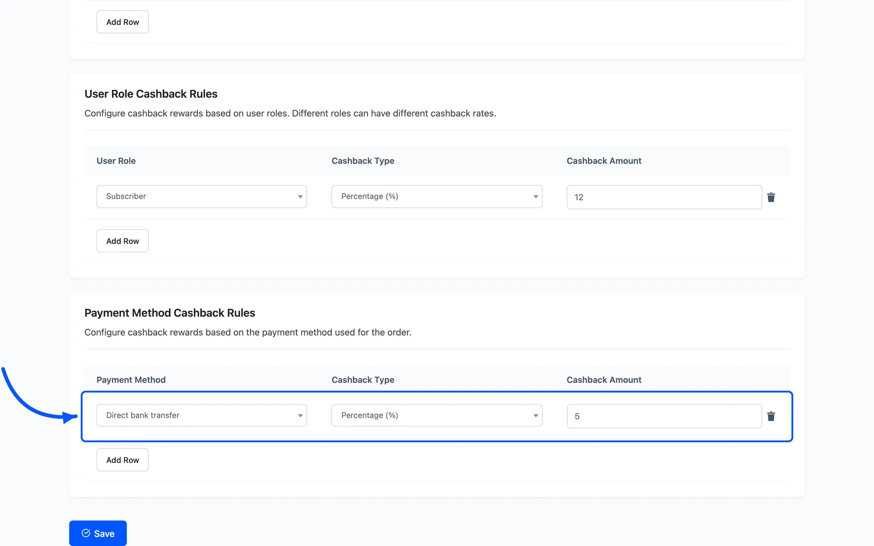 A payment method cashback rule row with its method, type and amount