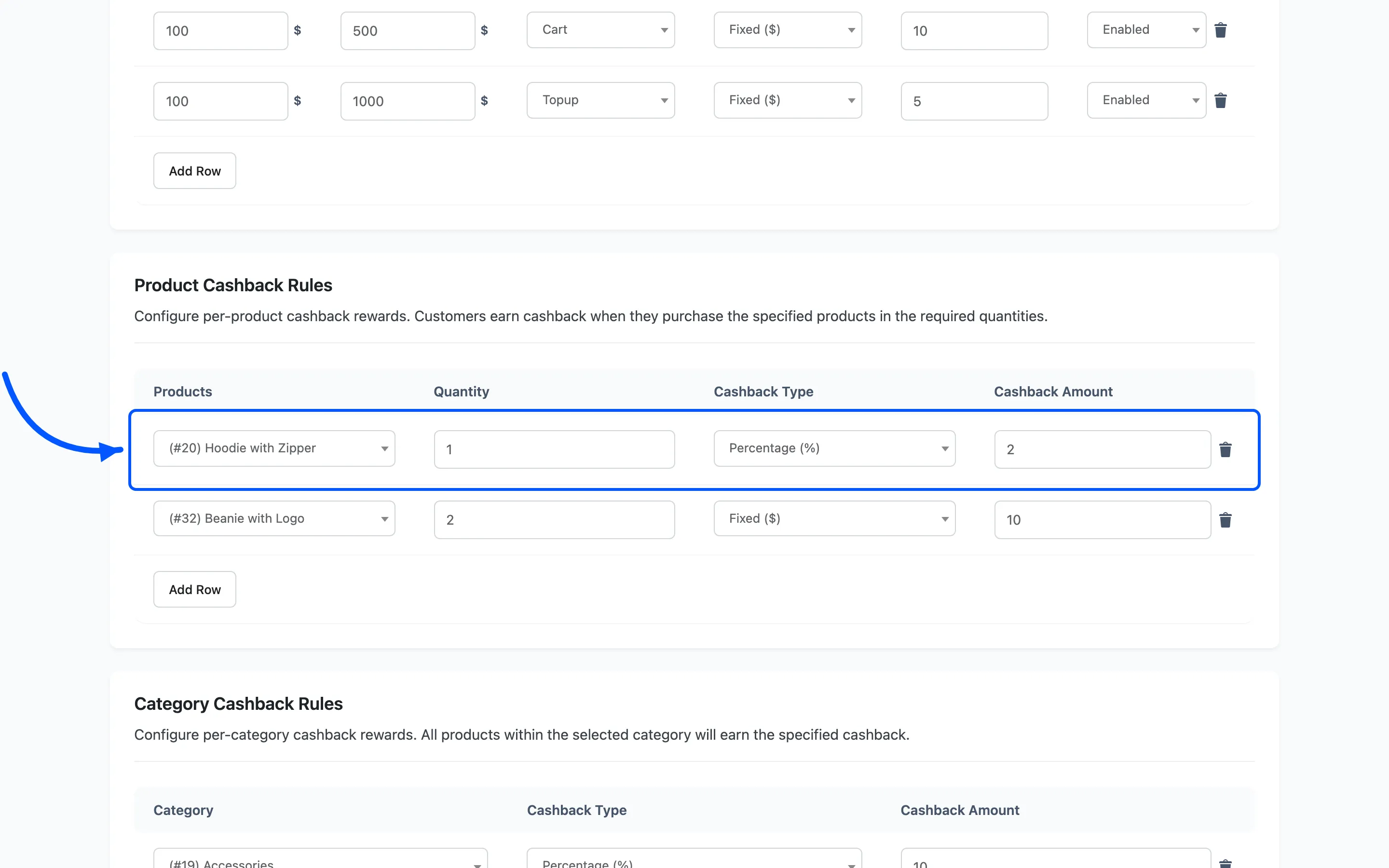 A product cashback rule row with its product, quantity, type and amount