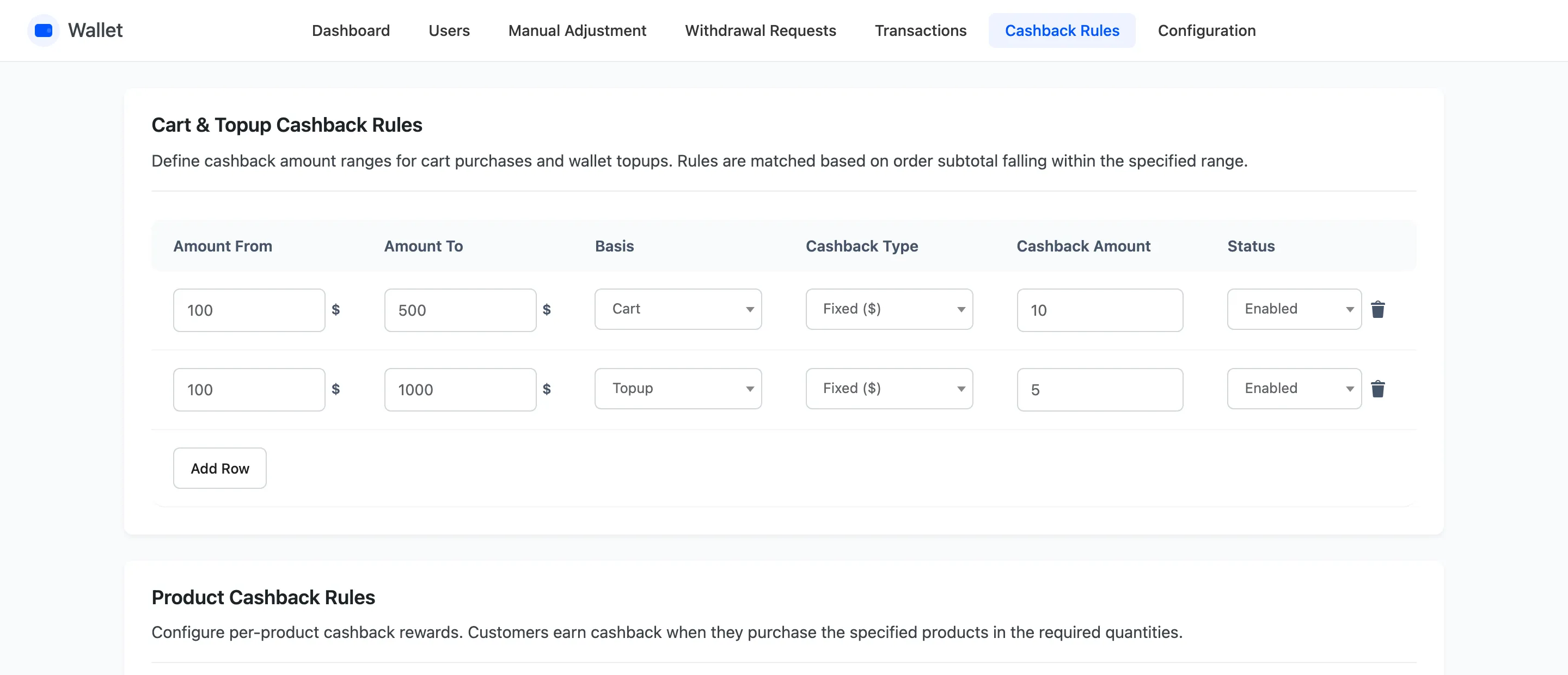 The cashback rules screen with the cart and topup rules table