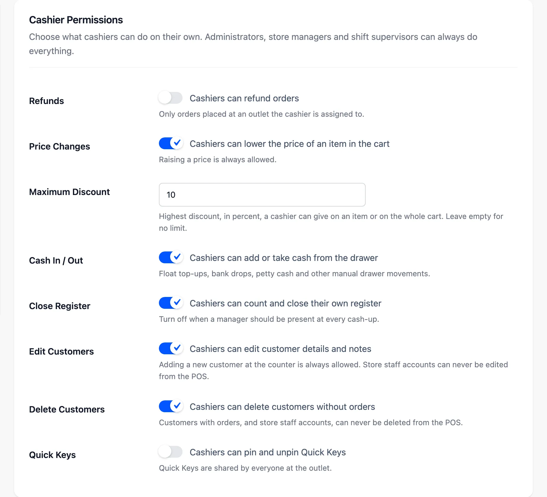 The Cashier Permissions section with Refunds switched off and a Maximum Discount of 10