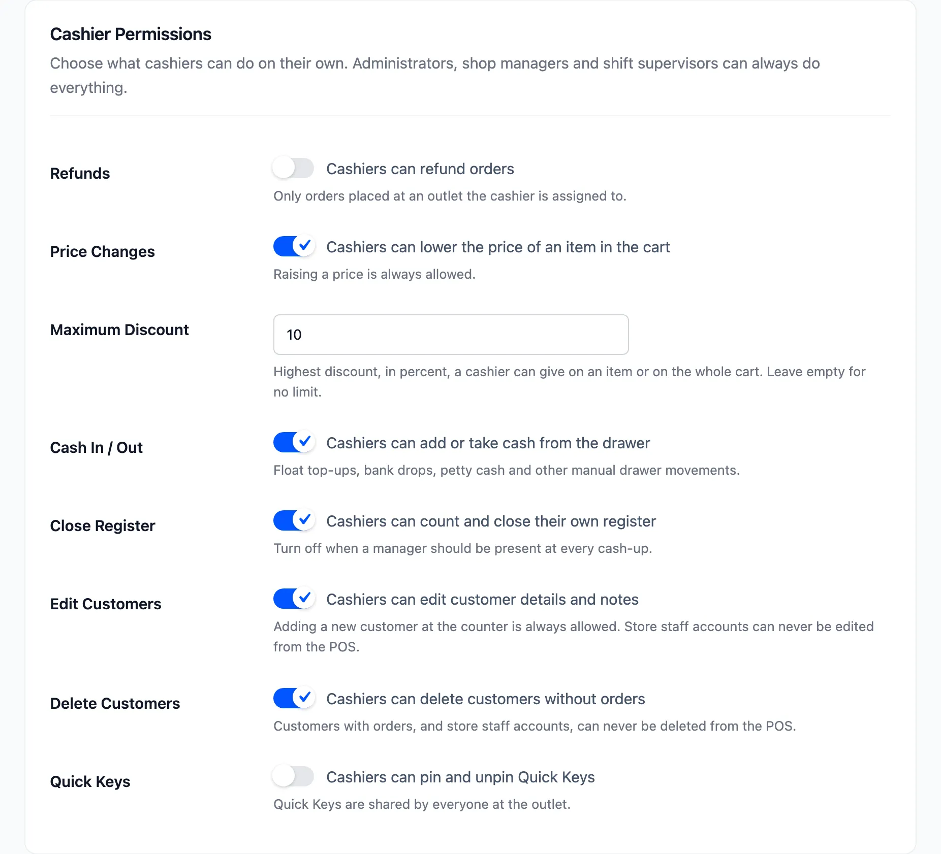 The Cashier Permissions section with Refunds switched off and a Maximum Discount of 10