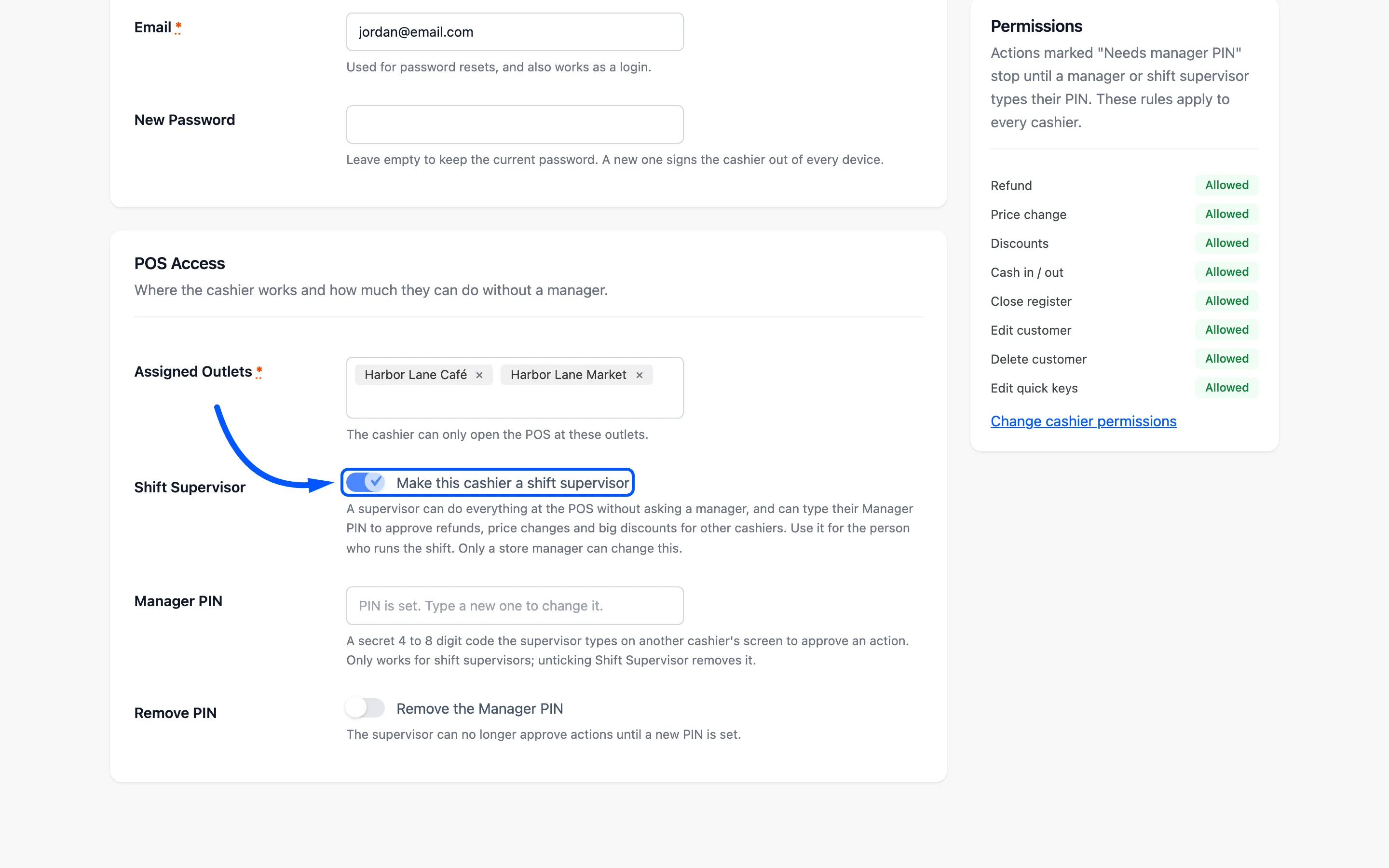 The Shift Supervisor checkbox boxed on the Edit Cashier screen
