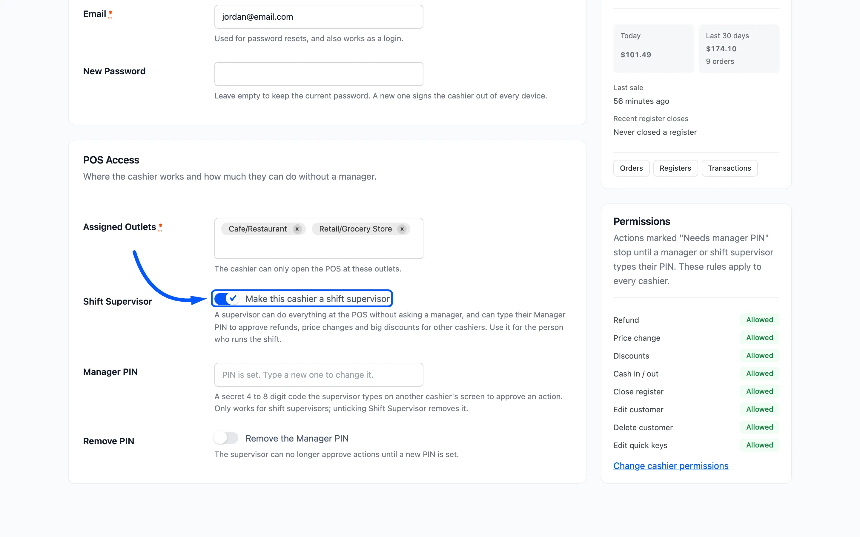 The Shift Supervisor checkbox boxed on the Edit Cashier screen