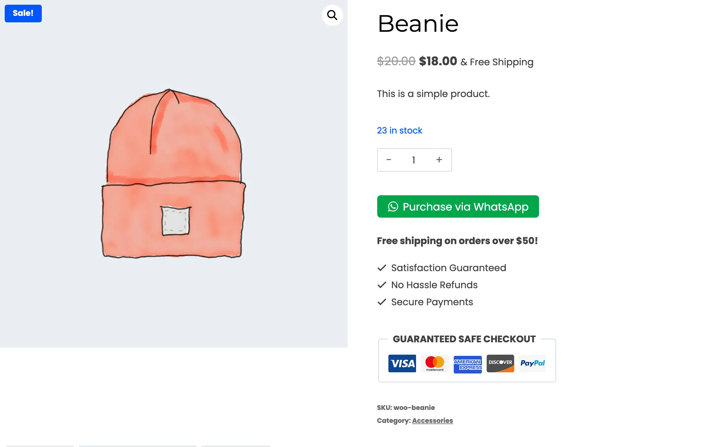 A product page in catalog mode with only the WhatsApp button