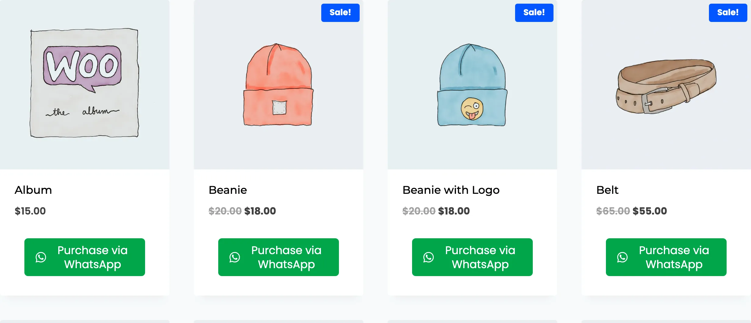 Shop cards in catalog mode with only the WhatsApp button