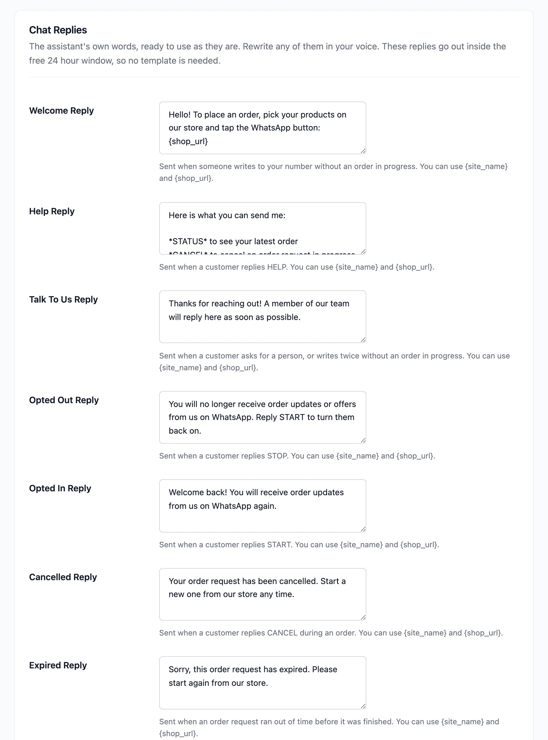 The Chat Replies section of the Chat Assistant tab