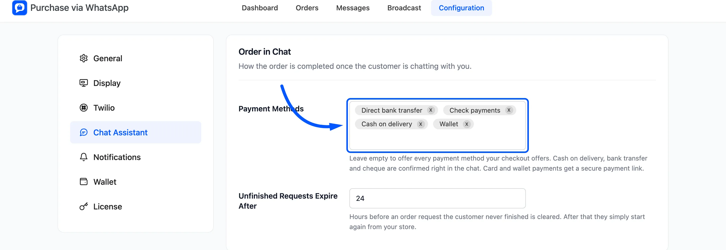 The Payment Methods field boxed on the Chat Assistant tab